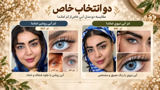 مقایسه لنز آبی روشن اماندا کد 557 و لنز آبی نیوی اماندا کد 541 همراه با تصاویر واقعی لنز روی چشم، تفاوت رنگ و جلوه لنز در نورهای مختلف