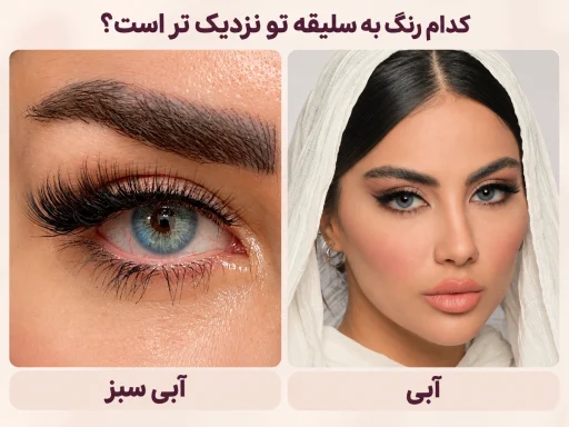 نمایش لنز رنگی آبی و آبی سبز روی چشم در دو تصویر کنار هم