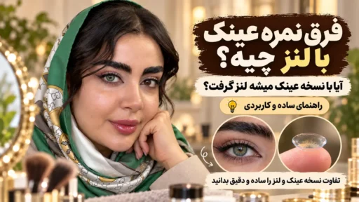 فرق نمره عینک با لنز طبی چیست؟ تصویر مدل با یک چشم دارای لنز رنگی سبز و چشم دیگر قهوه ای، همراه با راهنمای تفاوت نسخه عینک و لنز طبی
