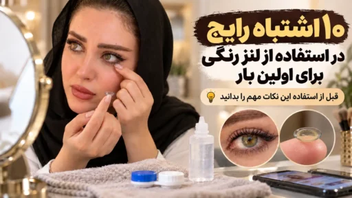 ۱۰ اشتباه رایج در استفاده از لنز رنگی برای اولین بار؛ تصویر خانم در حال گذاشتن لنز چشم همراه با نمای نزدیک لنز رنگی روی نوک انگشت و وسایل نگهداری لنز